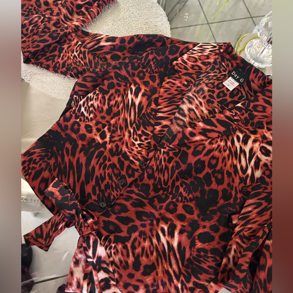 Red and Black Animal Print Long Sleeve Wrap Blouse